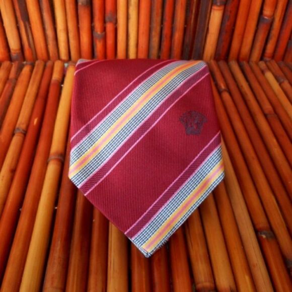 EUC VERSACE Multi-Colored Diagonal Striped 100% Silk with Blue Logo on Front Tie - Picture 4 of 11